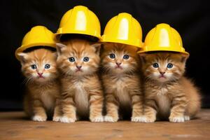 ai generado grupo de pequeño gatitos en un difícil sombrero en un negro fondo, un grupo de pequeño gatitos vistiendo construcción sombreros, ai generado foto