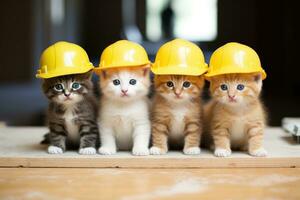 AI generated Group of cute little kittens with yellow hard hat in construction site, A group of small kittens wearing construction hats, AI Generated photo