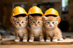 AI generated Group of cute kittens in hard hat on wooden background. Selective focus, A group of small kittens wearing construction hats, AI Generated photo