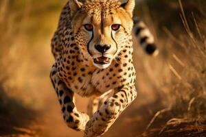 ai generado leopardo corriendo en el kalahari Desierto en Namibia, un leopardo corriendo en de cerca, ai generado foto