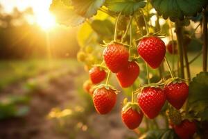 AI generated Strawberry field at sunset in the countryside of Thailand. Beautiful natural background, A branch with natural pomegranates against a blurred background of a pomegranate garden photo