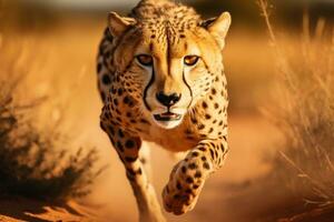 AI generated Cheetah running towards camera in Kruger National Park, South Africa Specie Acinonyx jubatus family of Felidae, A cheetah running in close up photo