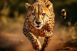 ai generado leopardo corriendo en kruger nacional parque, sur África metálico acinonyx jubatus familia de felidae, un leopardo corriendo en cerca arriba foto