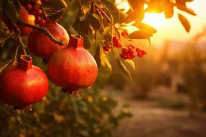 AI generated Pomegranate fruit on the tree in the garden at sunset, A branch with natural pomegranates against a blurred background of a pomegranate garden during the golden hour, AI Generated photo