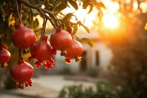 AI generated Ripe pomegranate fruits on a tree branch at sunset, A branch with natural pomegranates against a blurred background of a pomegranate garden during the golden hour, AI Generated photo