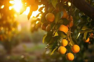 AI generated Orange tree with ripe fruits in sunlight. Tangerine orchard, A branch with natural oranges against a blurred background of an orange orchard at golden hour, AI Generated photo