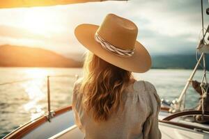 AI generated Back view of woman in hat and white dress sitting on the boat and looking at the sea, A beautiful tourist woman, seen from the rear, with a sun hat, sits on a yacht and looks at the sea photo