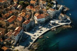 ai generado aéreo ver de el antiguo pueblo de dubrovnik, Croacia, aéreo ver de el antiguo ciudad, vacaciones y aventura, pueblo y mar, ai generado foto