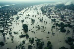 AI generated Aerial view of the flooding in the town of Kampong Thom of Cambodia, Aerial POV view depicting flooding, the devastation wrought after massive natural disasters, AI Generated photo