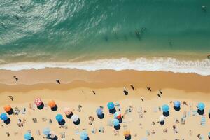 AI generated Aerial view of people relaxing on the beach. Top view, Aerial view of people sunbathing on the beach in summer, AI Generated photo