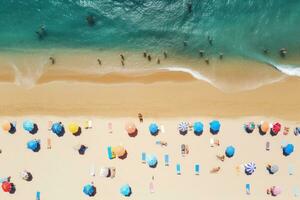 AI generated Aerial view of people relaxing on the beach in summer. Top view from drone, Aerial view of people sunbathing on the beach in summer, AI Generated photo