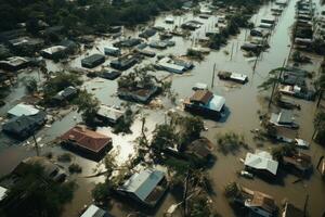AI generated Aerial view of floating village in Mekong Delta, Vietnam, Aerial POV view depicting flooding, the devastation wrought after massive natural disasters, AI Generated photo