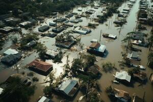 ai generado aéreo ver de flotante pueblo en mekong delta, Vietnam, aéreo pov ver representando inundación, el devastación forjado después masivo natural desastres, ai generado foto