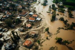 ai generado aéreo ver de el pueblo en el banco de el mekong río, aéreo pov ver representando inundación, el devastación forjado después masivo natural desastres, ai generado foto