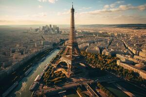 ai generado eiffel torre en París, Francia. hermosa panorámico ver desde eiffel torre, aéreo ver de el eiffel torre, ai generado foto