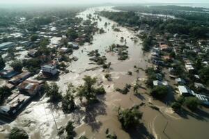 AI generated Aerial view of flooded rice field after heavy rain, Thailand, Aerial POV view depicting flooding, the devastation wrought after massive natural disasters, AI Generated photo