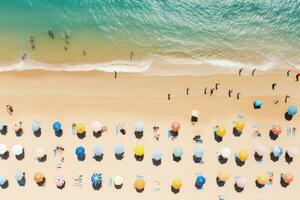 AI generated Aerial view of people relaxing on the beach. Top view from drone, Aerial view of people sunbathing on the beach in summer, AI Generated photo