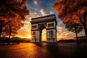 ai generado arco Delaware triunfo a puesta de sol en París, Francia. arco Delaware triunfo es un triunfal arco en París, Francia, arco Delaware triunfo en París en el tarde, ai generado foto