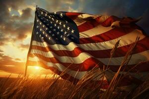 AI generated American flag in the field at sunset. 3d illustration. Vintage style, American flag waving in the wind at sunset, AI Generated photo