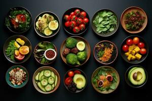 AI generated Set of different salad bowls on black background. Healthy food concept, Assortment of healthy food dishes, top view, AI Generated photo