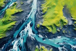 ai generado aéreo ver de el volcánico paisaje de Islandia. 3d representación, aéreo ver desde encima en un verde y azul glaciar río corriente en sur Islandia, ai generado foto