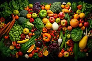 AI generated Background of fresh fruits and vegetables. Healthy food concept. Top view, Assortment of fresh organic fruits and vegetables, AI Generated photo