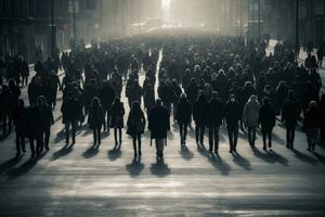 AI generated People walk the runway at the Philipp Plein fashion show during Mercedes-Benz Fashion Week Fall 2015 in NYC, An anonymous crowd of people walking on a city street, AI Generated photo