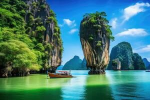 AI generated Halong Bay, Vietnam - famous travel destination in the world, Amazed nature scenic landscape of James Bond Island with a boat for a traveler in Phang-Nga Bay, AI Generated photo