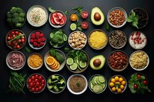 AI generated Healthy food in bowls over black background. Top view, flat lay, Assortment of healthy food dishes, top view, AI Generated photo