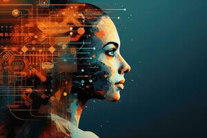 AI generated Double exposure of female face and technology background. Artificial intelligence concept, Artificial intelligence, Technology web background, Virtual concept, AI Generated photo