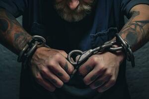 AI generated Closeup of a tattooed man's hands holding a chain, An arrested man with handcuffs on wrists, top view, face cropped, AI Generated photo