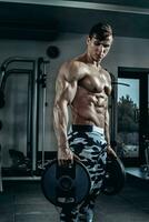 Handsome power athletic man on diet training pumping up muscles with dumbbell and barbell. Strong bodybuilder, perfect abs, shoulders, biceps, triceps and chest photo