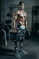 Handsome power athletic man on diet training pumping up muscles with dumbbell and barbell. Strong bodybuilder, perfect abs, shoulders, biceps, triceps and chest photo