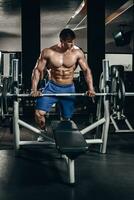 Handsome power athletic man on diet training pumping up muscles with dumbbell and barbell. Strong bodybuilder, perfect abs, shoulders, biceps, triceps and chest photo