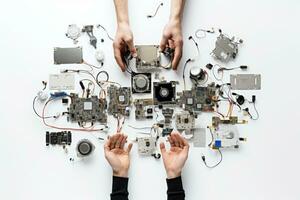 AI generated Top view of hands of man repairing electronic devices on white background, Aerial view of hands with computer electronics parts on a white background, AI Generated photo
