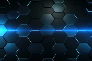 AI generated Dark blue hexagon background with glowing lines. 3D Rendering, Abstract hexagonal geometric ultra-wide background, Structure of lots of hexagons of carbon fiber, AI Generated photo