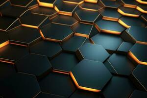 AI generated Abstract 3d rendering of hexagon background. Dark and golden glowing hexagons, Abstract hexagonal geometric ultra-wide background, Structure of lots of hexagons of carbon fiber photo