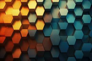 AI generated 3d rendering of abstract hexagon shape background in blue and orange color, Abstract background with hexagons, AI Generated photo