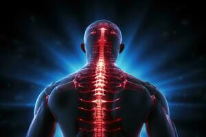 AI generated 3D rendered Illustration of a male feeling the back pain, Back pain highlighted in an office setting with a red holographic spine, AI Generated photo