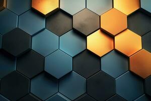 ai generado 3d representación de resumen metálico antecedentes con hexágonos en negro, azul y dorado colores, resumen antecedentes con hexágonos, ai generado foto