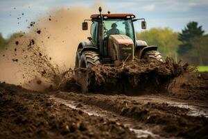 AI generated Tractor preparing land for sowing. Tractor preparing land for sowing, Application of manure on arable farmland, AI Generated photo