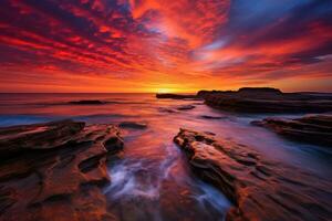 ai generado hermosa puesta de sol terminado el mar. naturaleza composición. largo exposición, australiano marina a amanecer con Rico de color rojo nube formaciones, ai generado foto