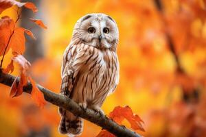 AI generated Beautiful owl sitting on a branch in the autumn forest. Owl in nature. Owl in the autumn forest, Autumn in nature with an owl, Ural Owl, Strix uralensis, sitting on a tree, AI Generated photo