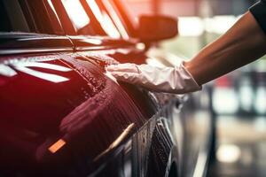 ai generado coche pulido serie trabajador pulido un coche en auto servicio, auto limpieza Servicio limpieza el coche adentro, ai generado foto