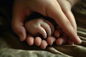 ai generado bebé pies en de la madre manos. de cerca. el concepto de amor y cuidado, bebé pies en de la madre manos, de cerca, ai generado foto
