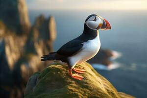 AI generated Puffin standing on a rock with flowers in the background, Atlantic Puffin or Common Puffin, Fratercula arctica, in Norway, AI Generated photo