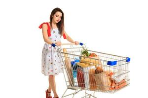 un joven hembra emprendedor un compras carro lleno con comestibles aislado en blanco antecedentes foto