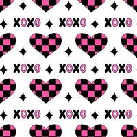 Seamless Pattern with Hearts in chessboard, text XOXO and stars in emo style. Y2k. Black and pink. Vector flat illustration.