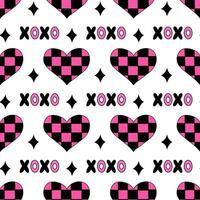 Seamless Pattern with Hearts in chessboard, text XOXO and stars in emo style. Y2k. Black and pink. Vector flat illustration.