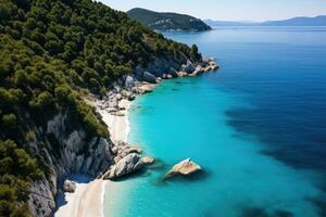 AI generated Aerial view of the beautiful beach in Kefalonia, Greece, An aerial flight with a drone over the famous beach of Kavalikefta on the island of Lefkada in the Ionian Sea in Greece photo